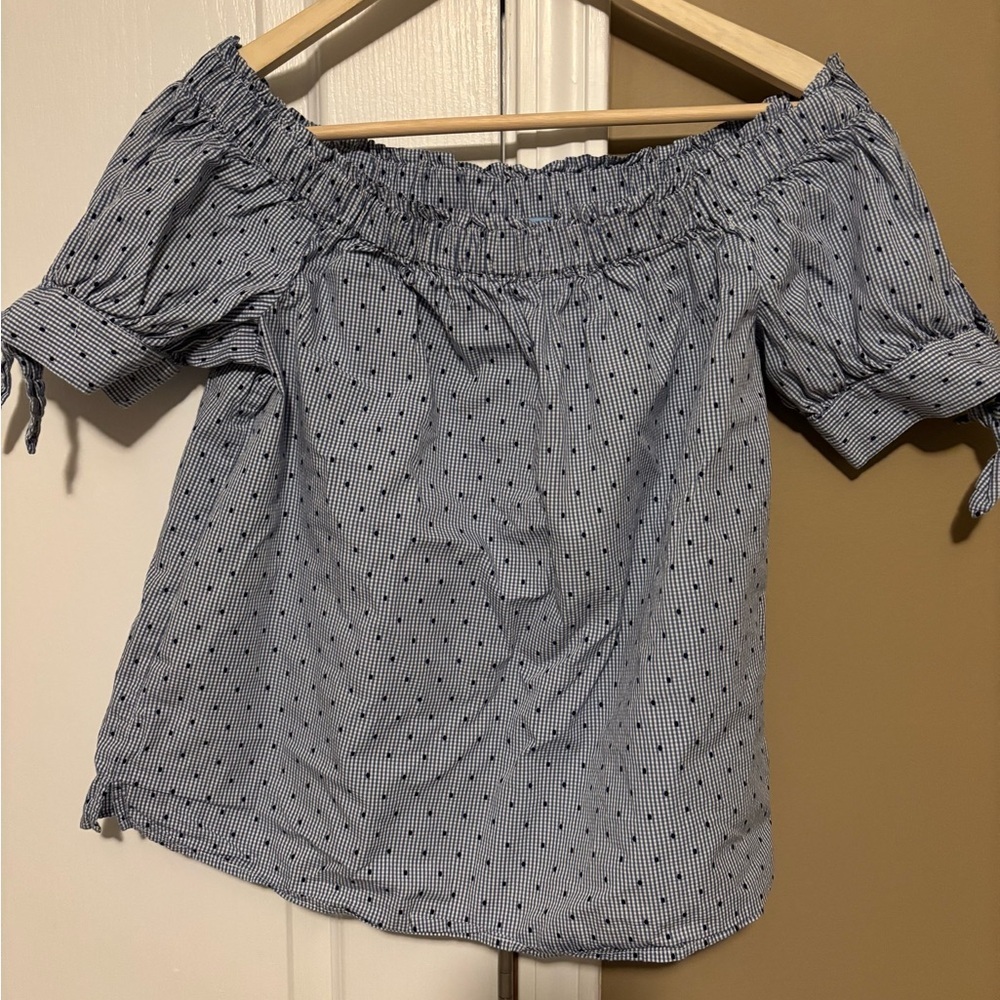 CeCe Off-Shoulder Blouse - Navy and White Pattern
